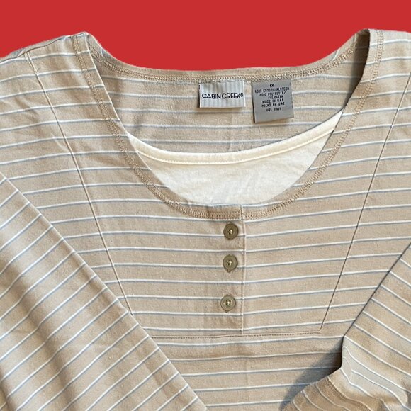 CABIN CREEK WOMENS TOP Plus Size 1X BEIGE with STRIPES Pullover 1100A - Picture 3 of 8
